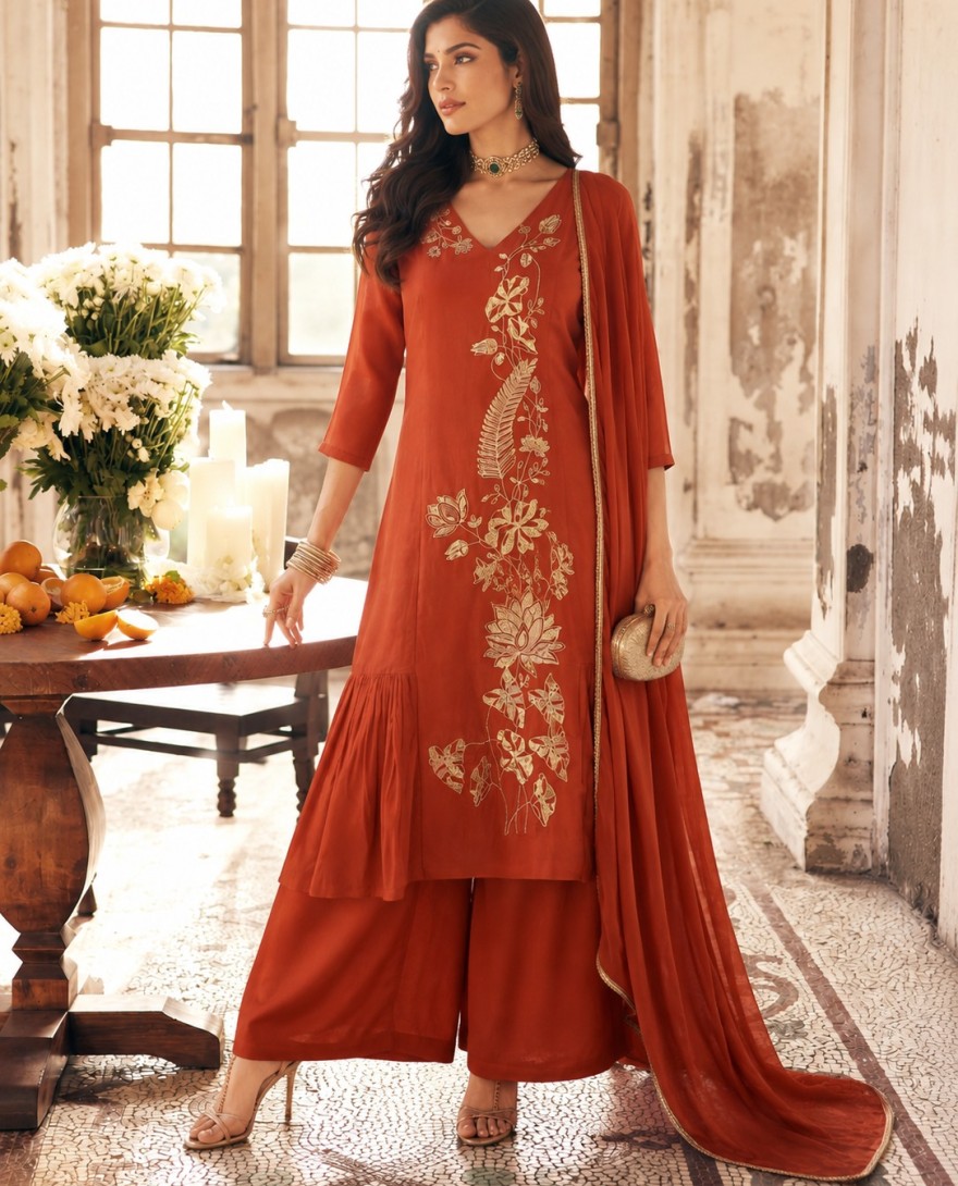 7112 - Orange Chanderi Embroidered Palazzo Salwar Kameez